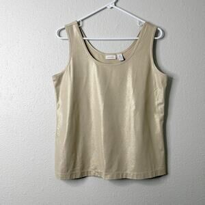 Chico’s Shimmer Tank Top Size 2 Large Metallic Gold Sleeveless Scoop Neck Basic
